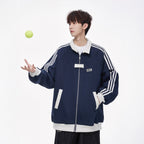 Style College Loose Fleece Baseball Jacket for Men, Three-Stripe Design, Casual Sporty Outerwear