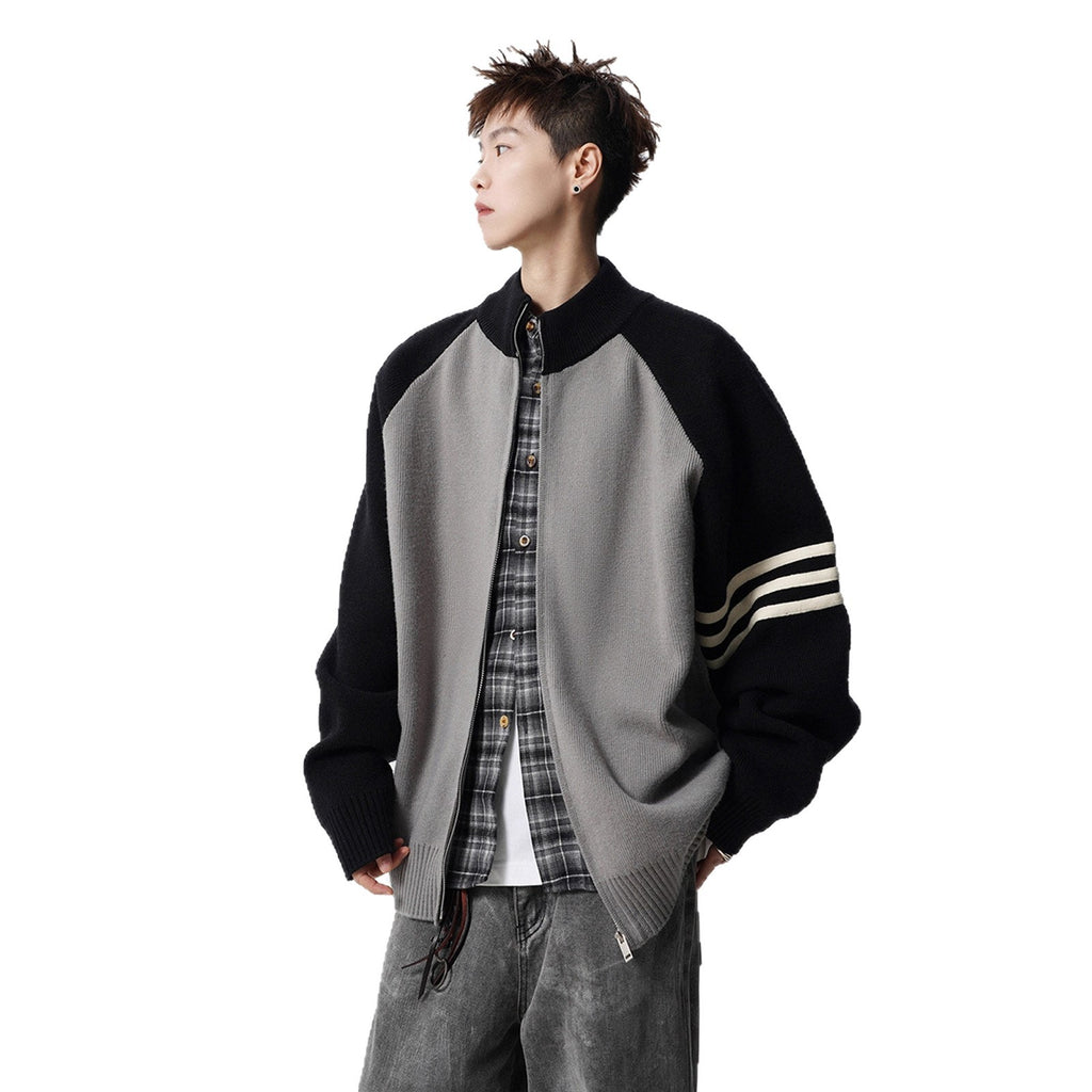 Stand Collar Two-Tone Jacket Men Autumn Trendy Stripe Casual Knitwear Vibe Street Style Versatile Sweater Coat