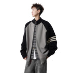Stand Collar Two-Tone Jacket Men Autumn Trendy Stripe Casual Knitwear Vibe Street Style Versatile Sweater Coat