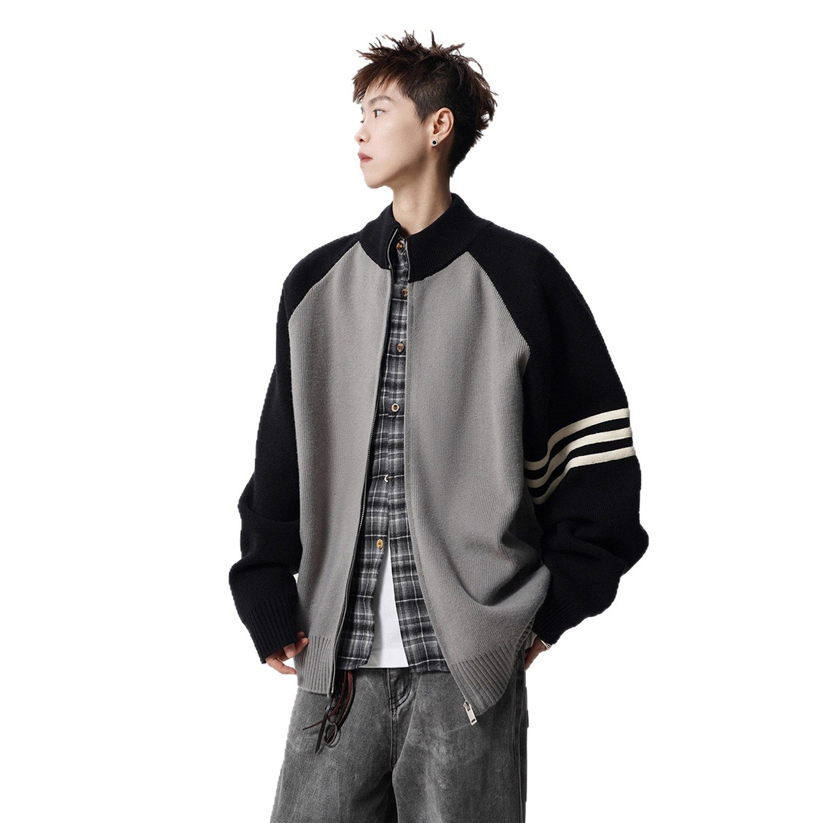 Stand Collar Two-Tone Jacket Men Autumn Trendy Stripe Casual Knitwear Vibe Street Style Versatile Sweater Coat