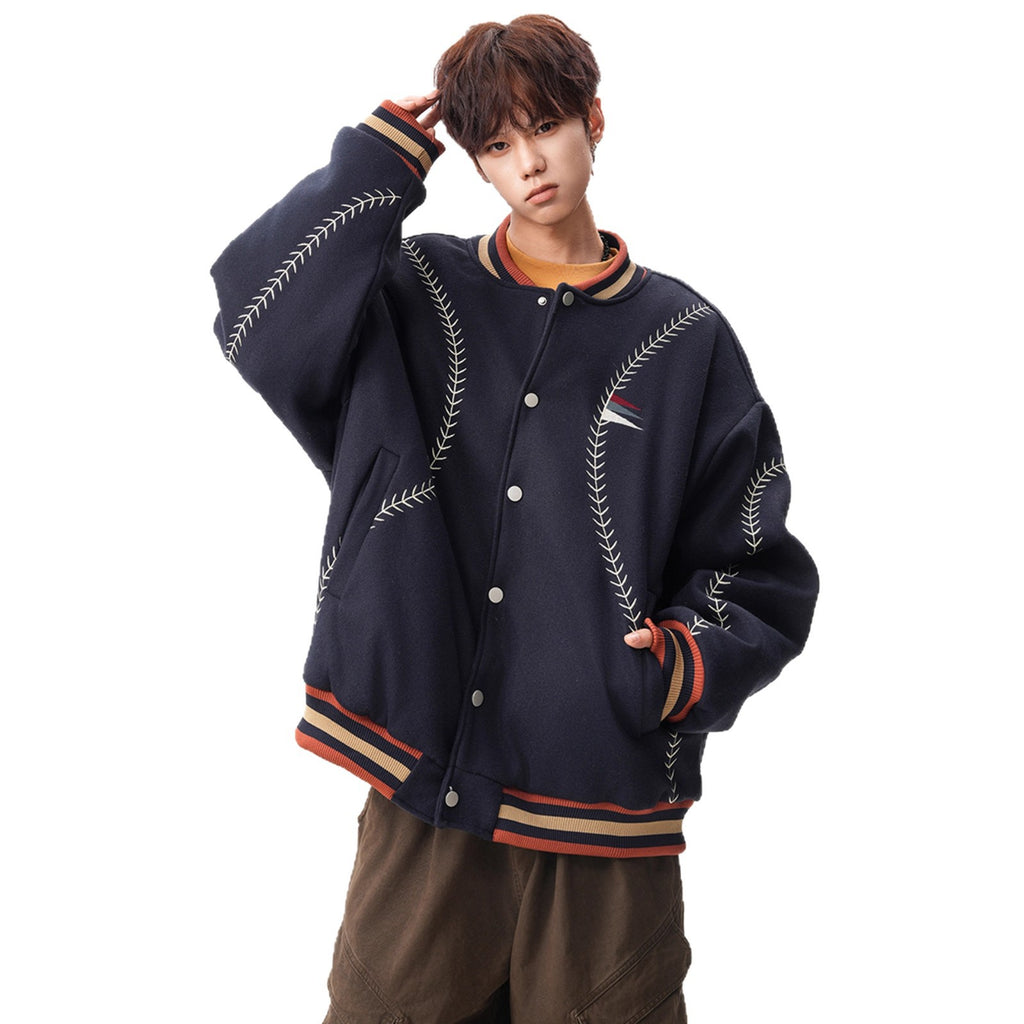 National Trend Ethnic Style Embroidered Woolen Baseball Jacket for Men and Women, Retro Heavyweight Couple Casual Jacket