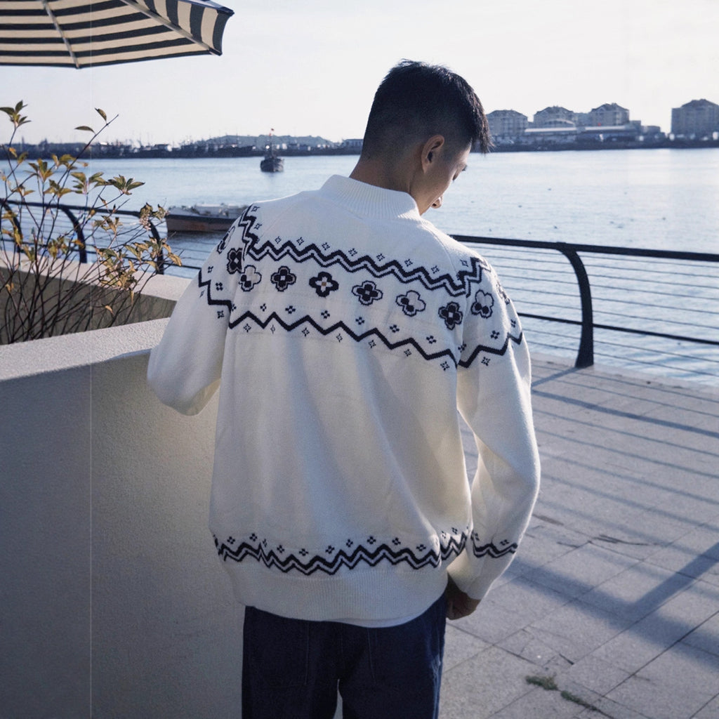 Fair Isle Floral Knit Cardigan for Men Winter Ethnic Style Cozy Soft Knitwear Clean Fit Sweater Jacket