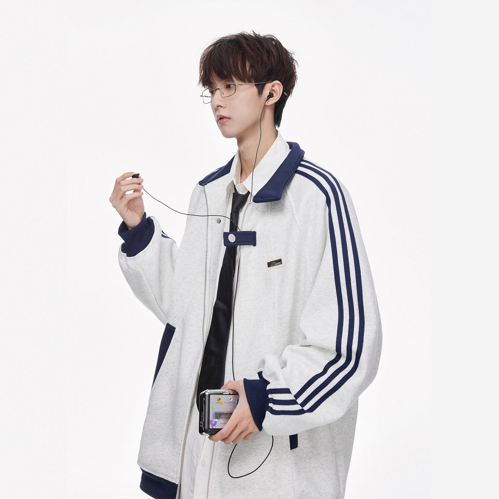 Style College Loose Fleece Baseball Jacket for Men, Three-Stripe Design, Casual Sporty Outerwear