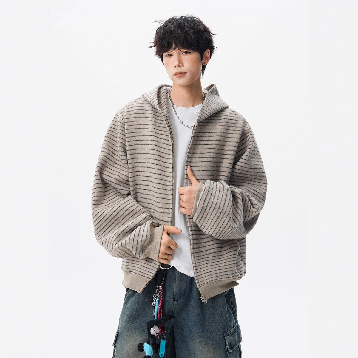 Vintage Striped Open-Front Hoodie for Men, Autumn High Street Lazy Style Couple Jacket, Vibe Brand Casual Versatile Top