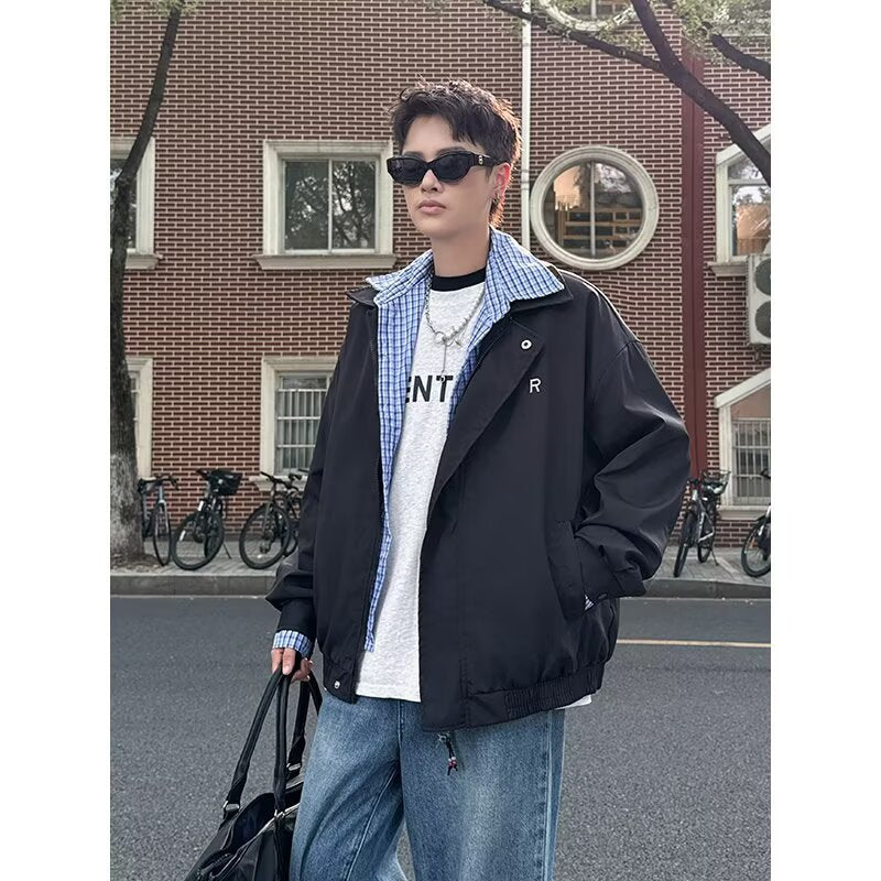 Checkered splicing fake two-piece jacket for men and women