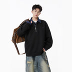 Heavyweight Faux Two-Piece Half-Zip Polo Sweatshirt for Men and Women Autumn College Style Turn-Down Collar Pullover Loose Casual Top Fashion