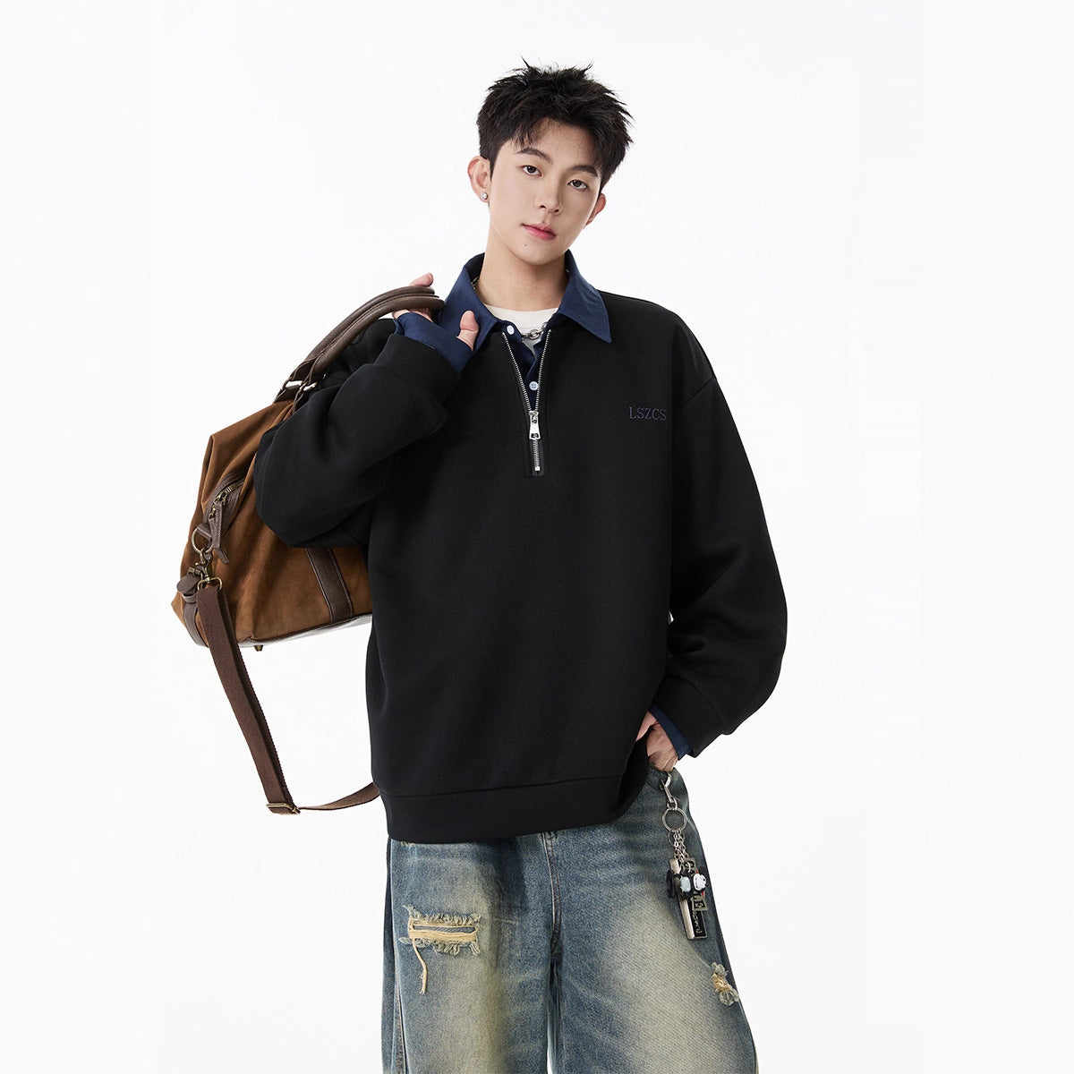 Heavyweight Faux Two-Piece Half-Zip Polo Sweatshirt for Men and Women Autumn College Style Turn-Down Collar Pullover Loose Casual Top Fashion