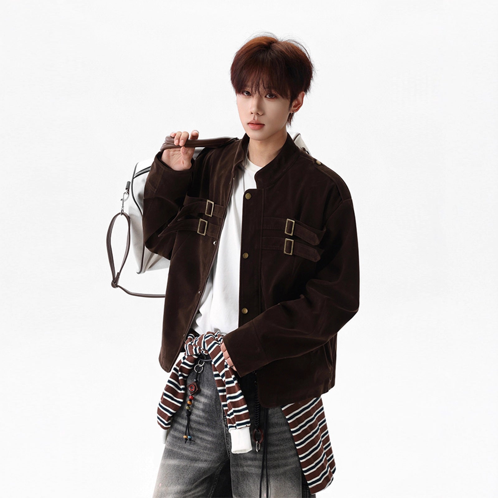 Faux Suede Utility Jacket for Men and Women, Winter Melange Short Coat, High Street Tie-Design Baseball Jacket