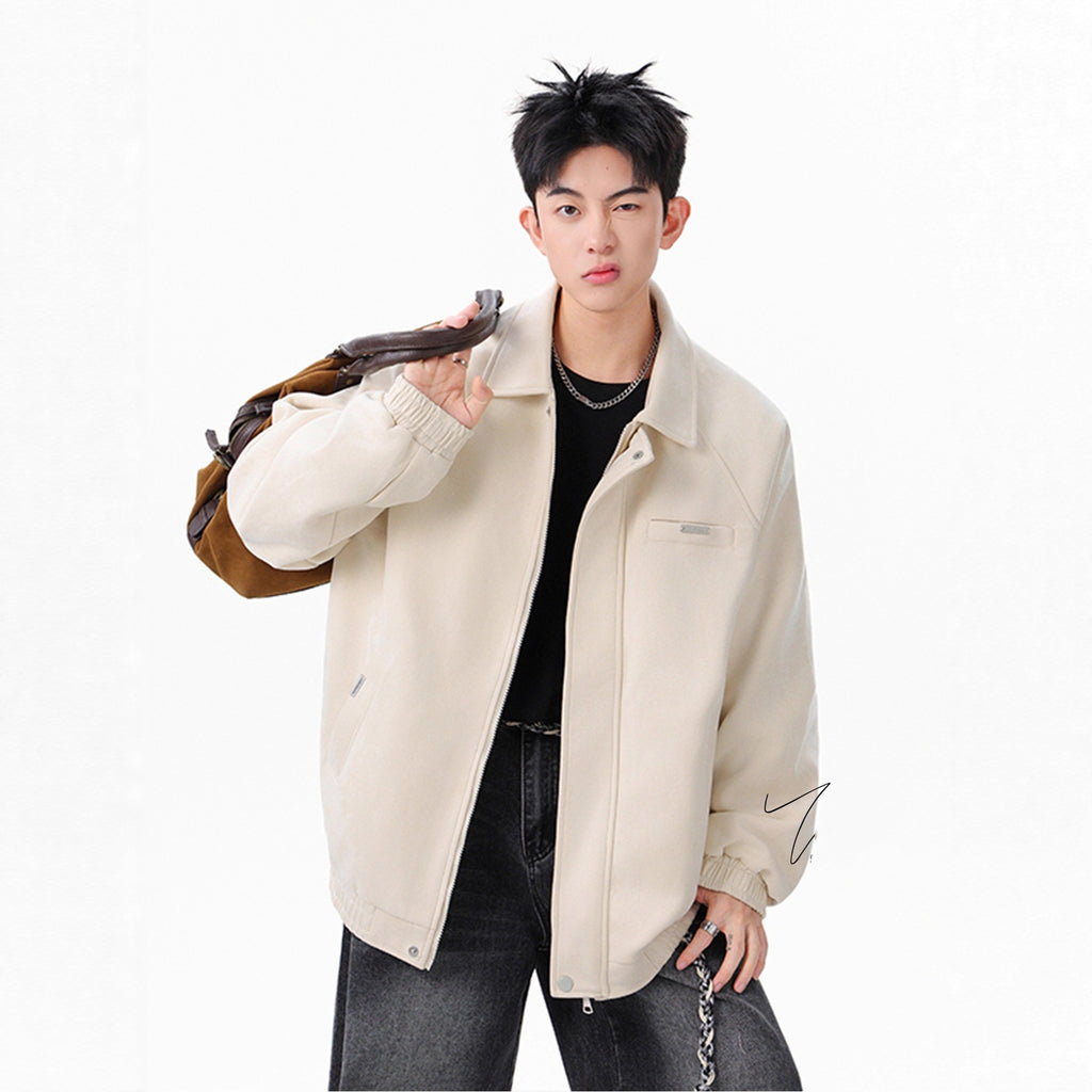Streetwear Casual Lapel Workwear Suede Jacket for Men and Women, Autumn Winter Style Loose Fit Stand Collar Coat