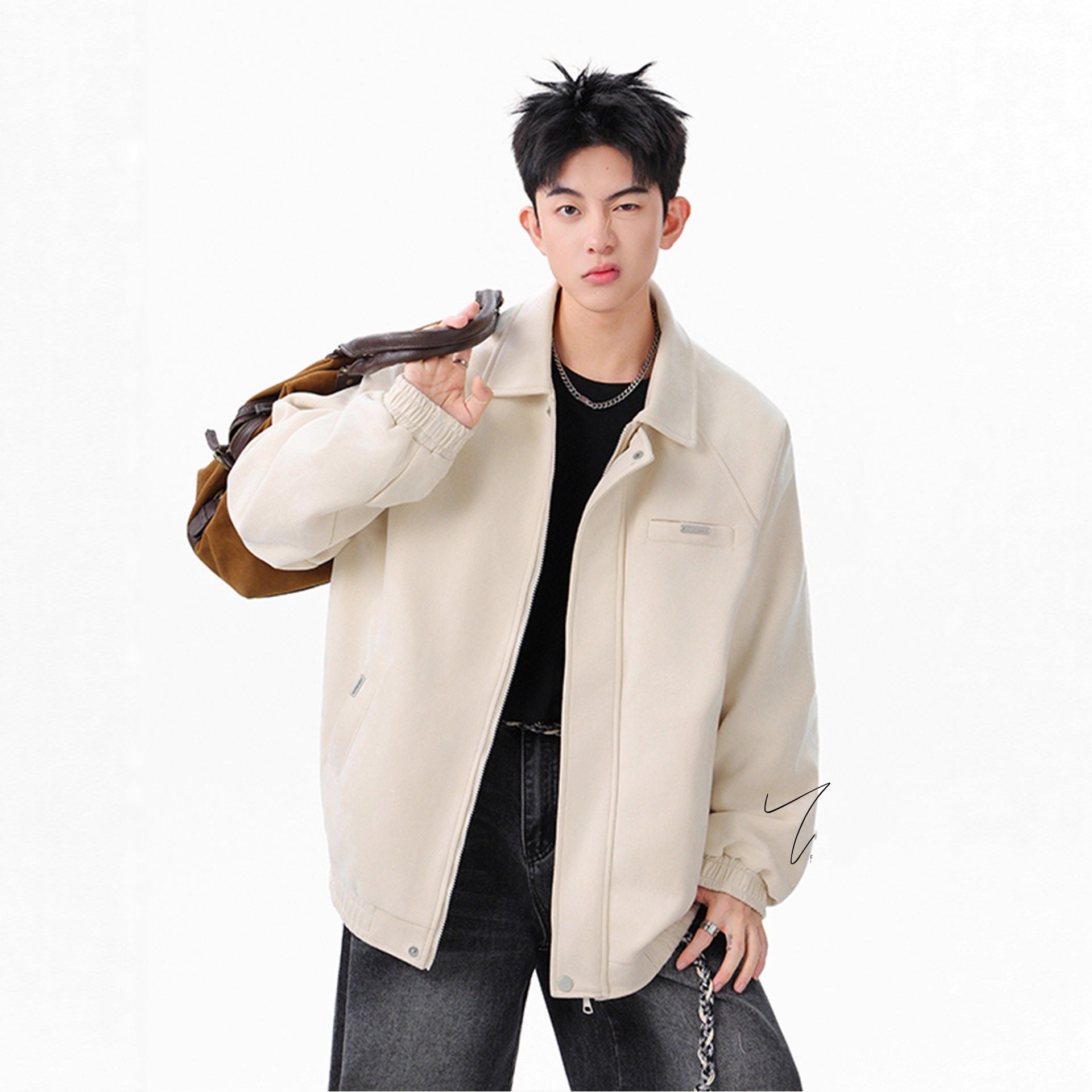 Streetwear Casual Lapel Workwear Suede Jacket for Men and Women, Autumn Winter Style Loose Fit Stand Collar Coat