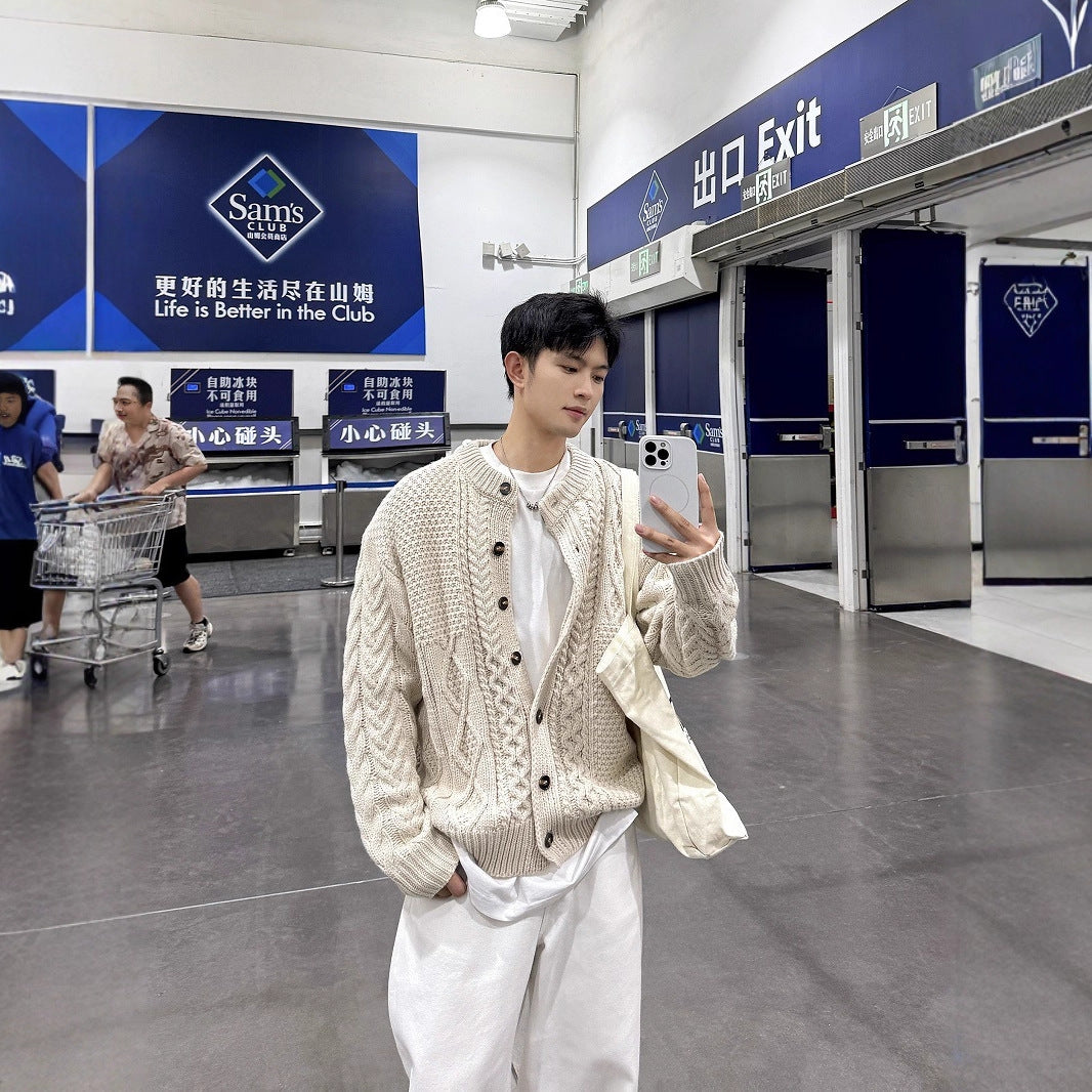 Retro Cable Knit Oversized Cardigan Coat for Men and Women, Loose Casual Versatile Design Couple Sweater