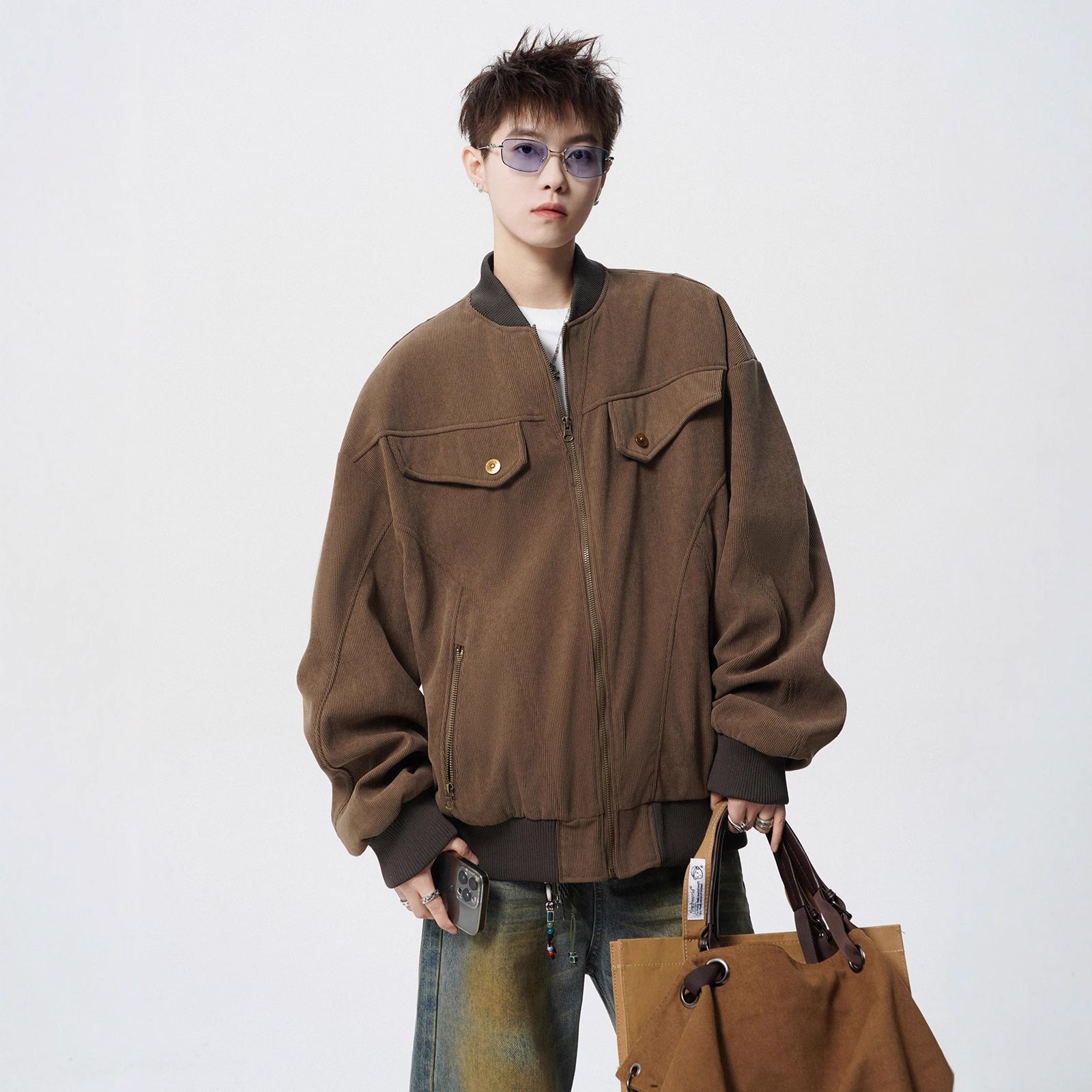 Barn Style Brown Cargo Jacket Men Autumn Vintage Distressed Baseball Jacket Design Sense Cool Outerwear Trendy