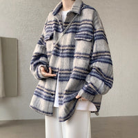 Chambray Style Plaid Woolen Coat for Men, Autumn/Winter Thickened Streetwear  Shirt Jacket