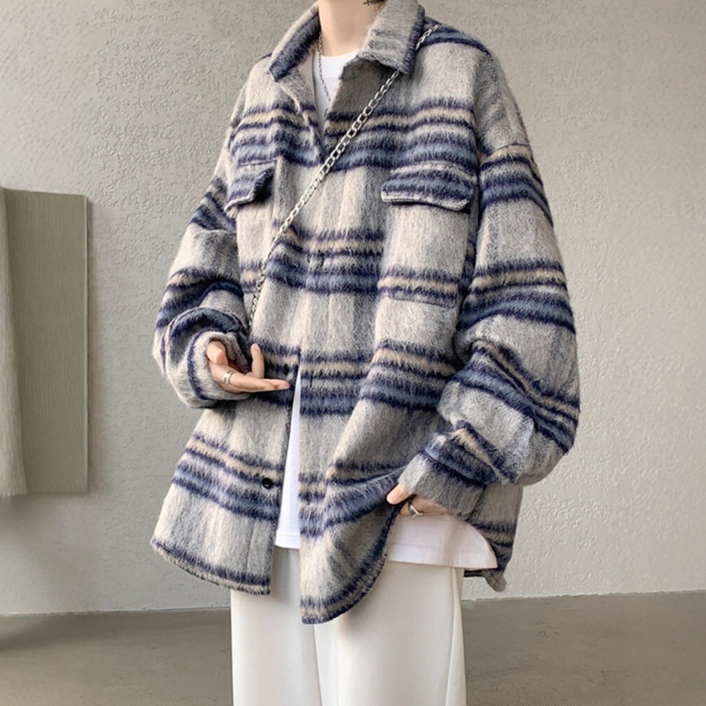 Chambray Style Plaid Woolen Coat for Men, Autumn/Winter Thickened Streetwear  Shirt Jacket
