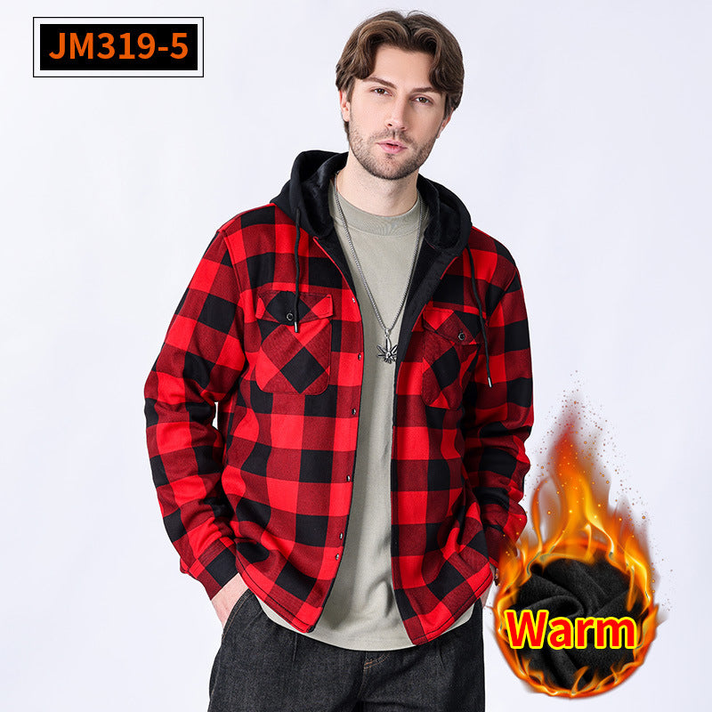 Casual fleece hooded checkered shirt for men outerwear for men