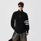 Striped Stand-up Collar Knit Sweater Men Winter Trendy Lazy Style Open Front Knit Cardigan Retro Versatile Couple Casual Outerwear