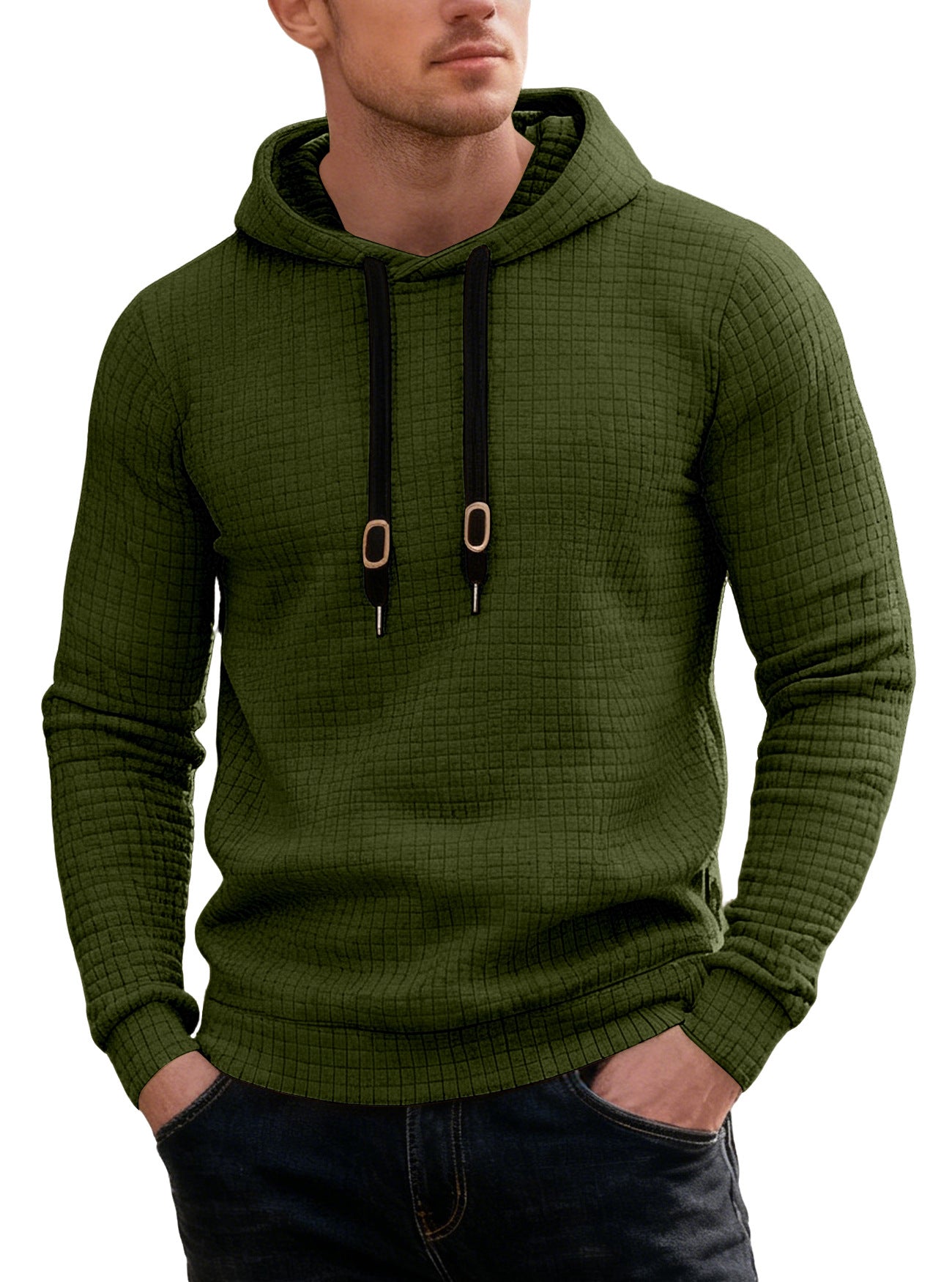 Long sleeved hooded sweatshirt with drawstring for men