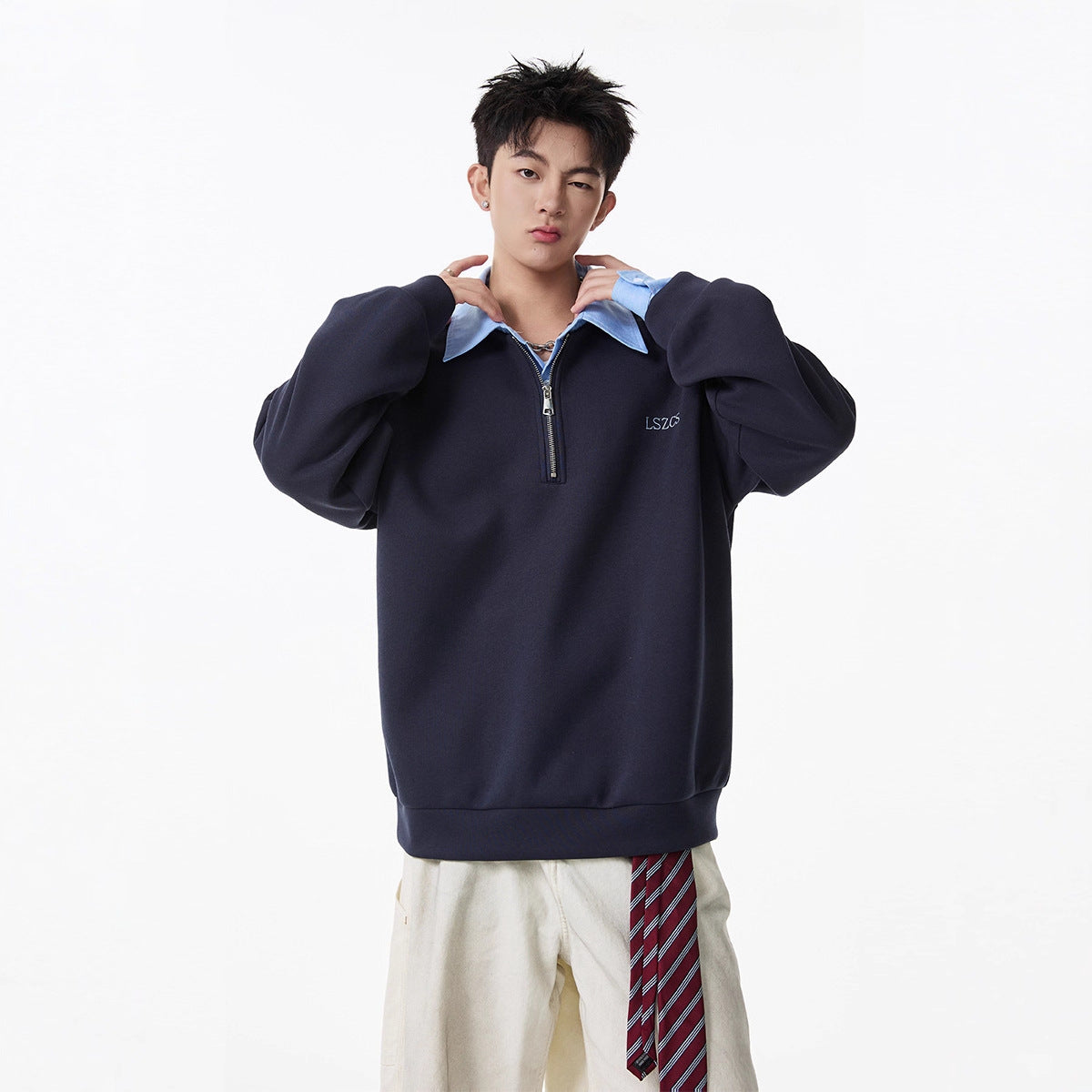 Heavyweight Faux Two-Piece Half-Zip Polo Sweatshirt for Men and Women Autumn College Style Turn-Down Collar Pullover Loose Casual Top Fashion