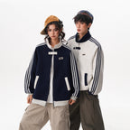 Stripe Spliced Sports Jacket for Women and Men Winter Trendy College Style Versatile Outerwear Couple Stand Collar Baseball Jacket