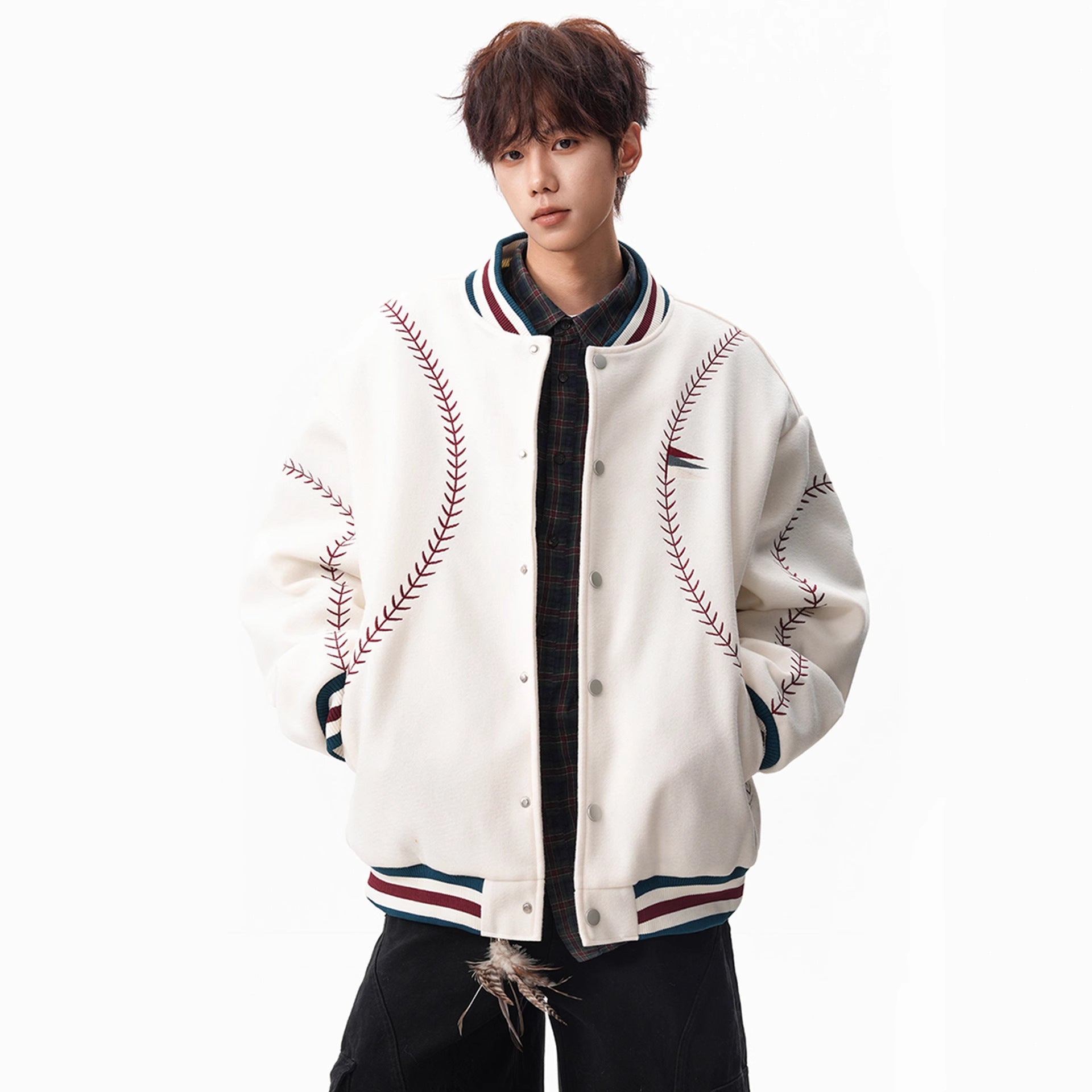 National Trend Ethnic Style Embroidered Woolen Baseball Jacket for Men and Women, Retro Heavyweight Couple Casual Jacket