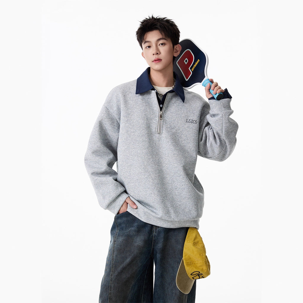 Heavyweight Faux Two-Piece Half-Zip Polo Sweatshirt for Men and Women Autumn College Style Turn-Down Collar Pullover Loose Casual Top Fashion