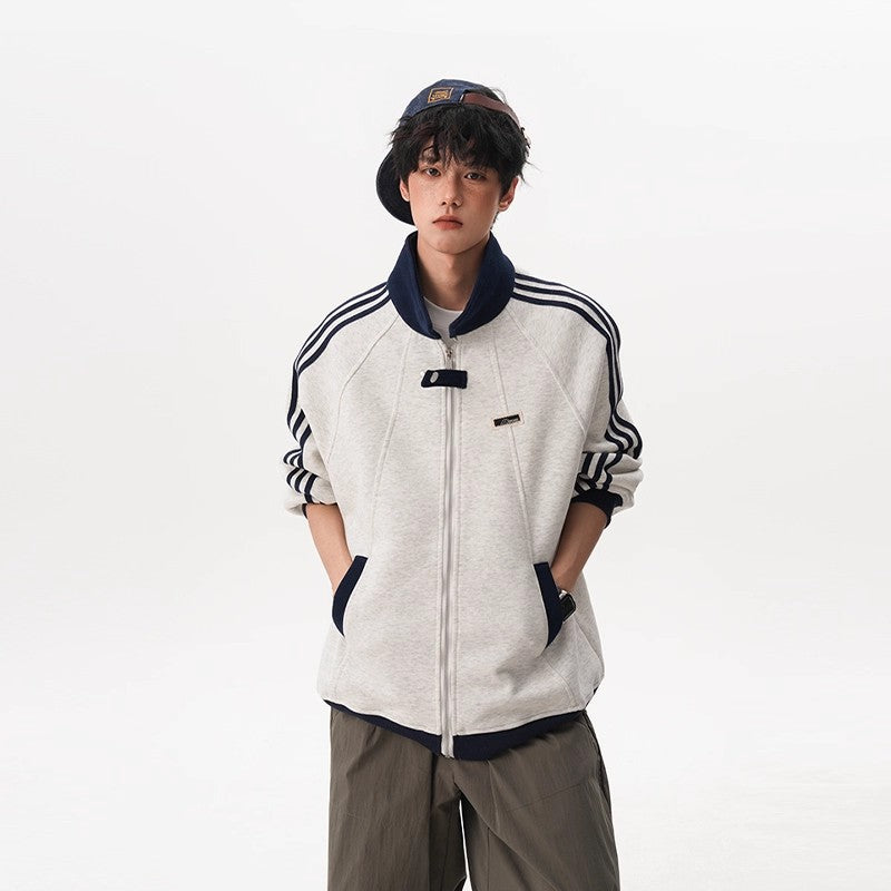 Stripe Spliced Sports Jacket for Women and Men Winter Trendy College Style Versatile Outerwear Couple Stand Collar Baseball Jacket