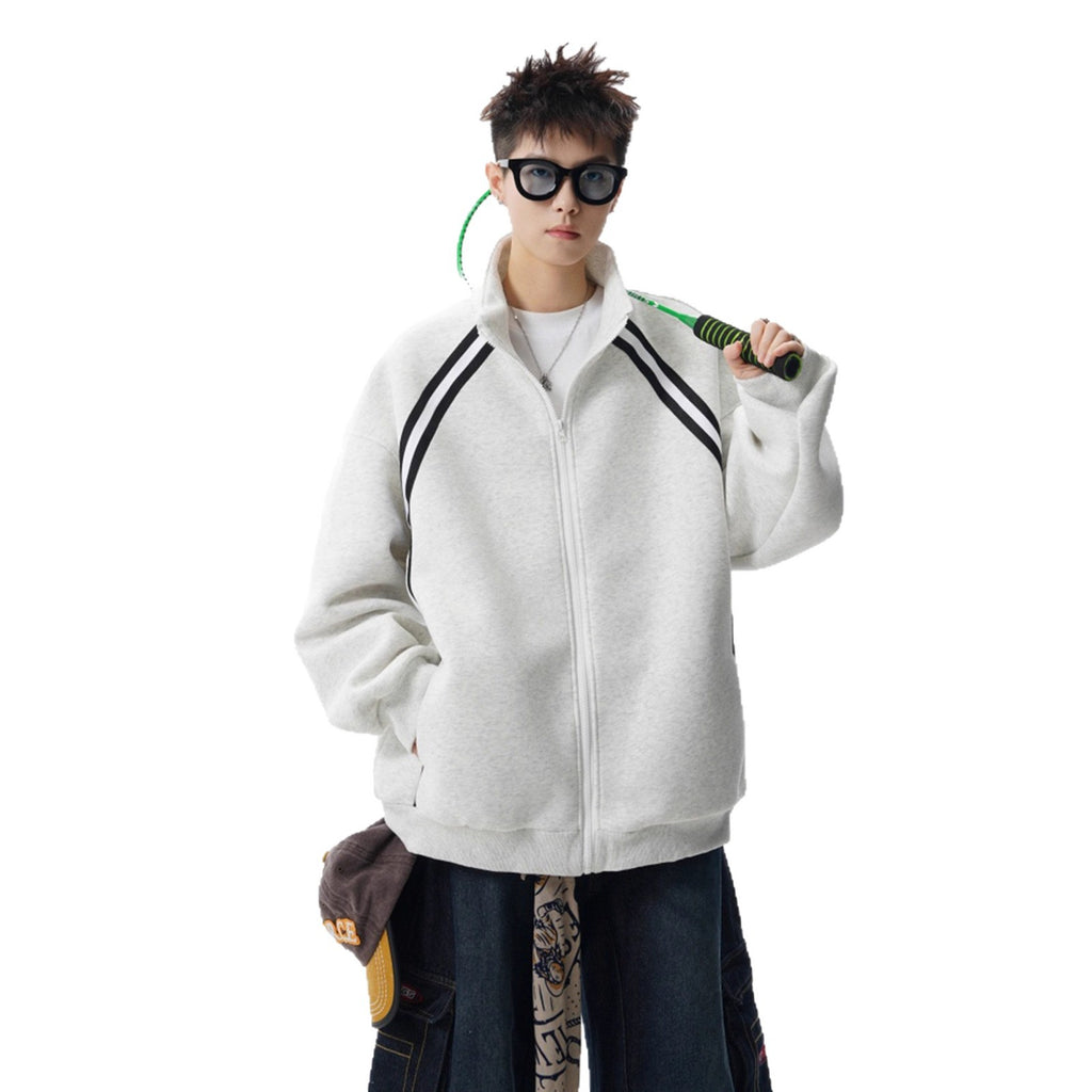 Street High-Neck Casual Hoodie for Men Winter Trendy Brand Patchwork Sport Open Front Design Stripe Couple Jacket