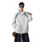 Street High-Neck Casual Hoodie for Men Winter Trendy Brand Patchwork Sport Open Front Design Stripe Couple Jacket