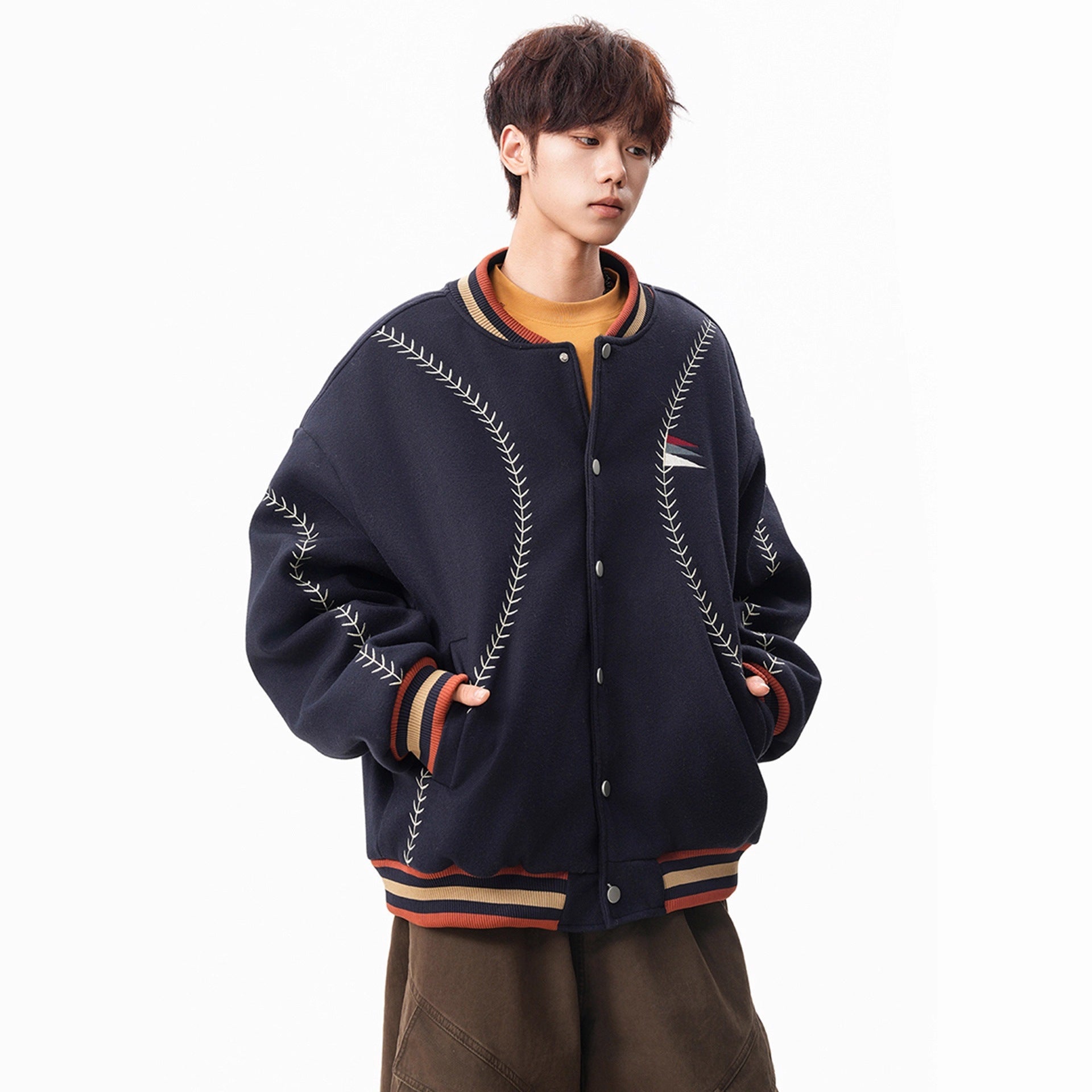 National Trend Ethnic Style Embroidered Woolen Baseball Jacket for Men and Women, Retro Heavyweight Couple Casual Jacket