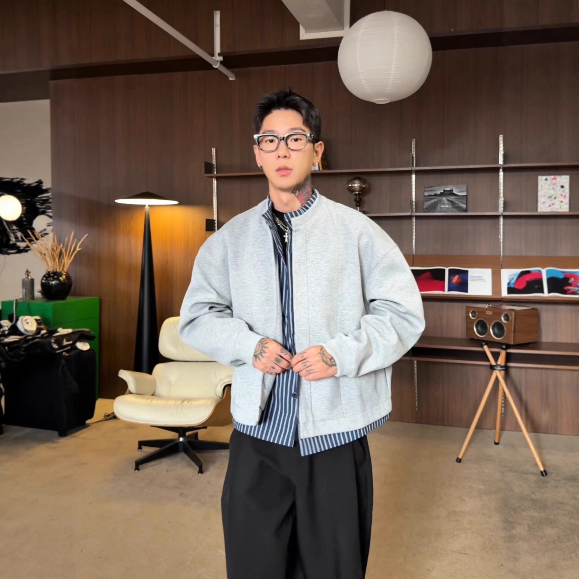 High-End Look Mock Two-Piece Stripe Shirt Hoodie Jacket for Men, Autumn Stylish Layered Open Front Top Flight Jacket