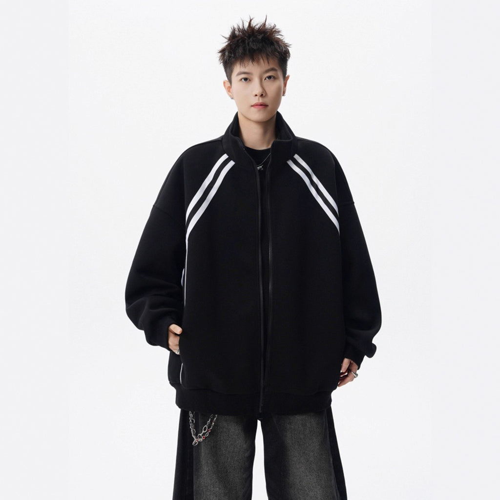 Street High-Neck Casual Hoodie for Men Winter Trendy Brand Patchwork Sport Open Front Design Stripe Couple Jacket