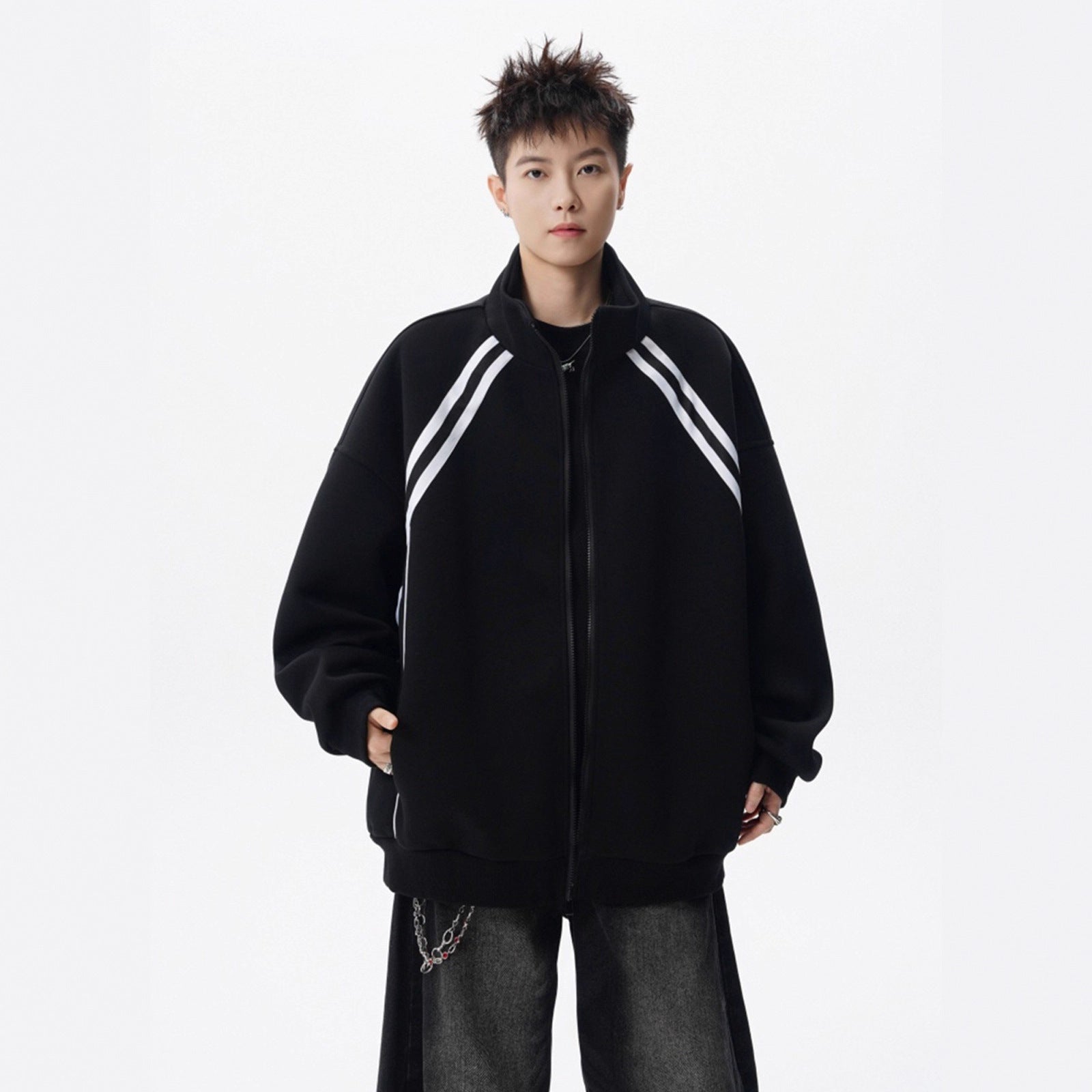 Street High-Neck Casual Hoodie for Men Winter Trendy Brand Patchwork Sport Open Front Design Stripe Couple Jacket