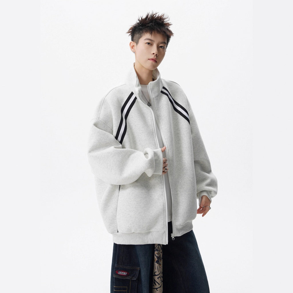 Street High-Neck Casual Hoodie for Men Winter Trendy Brand Patchwork Sport Open Front Design Stripe Couple Jacket