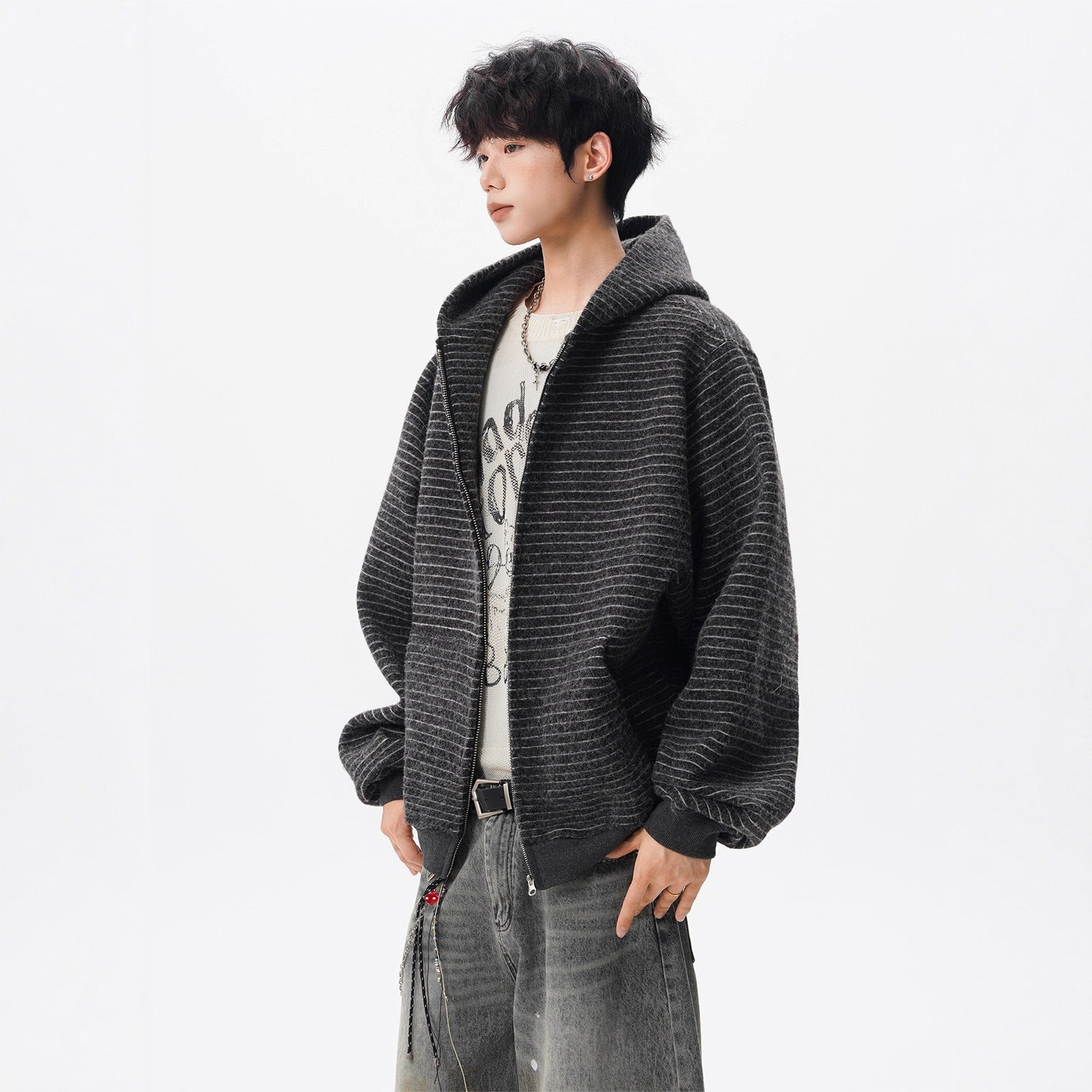 Vintage Striped Open-Front Hoodie for Men, Autumn High Street Lazy Style Couple Jacket, Vibe Brand Casual Versatile Top
