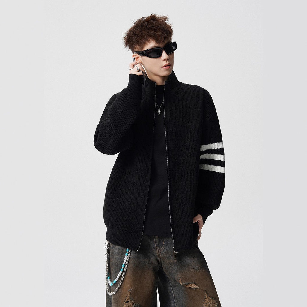 Striped Stand-up Collar Knit Sweater Men Winter Trendy Lazy Style Open Front Knit Cardigan Retro Versatile Couple Casual Outerwear