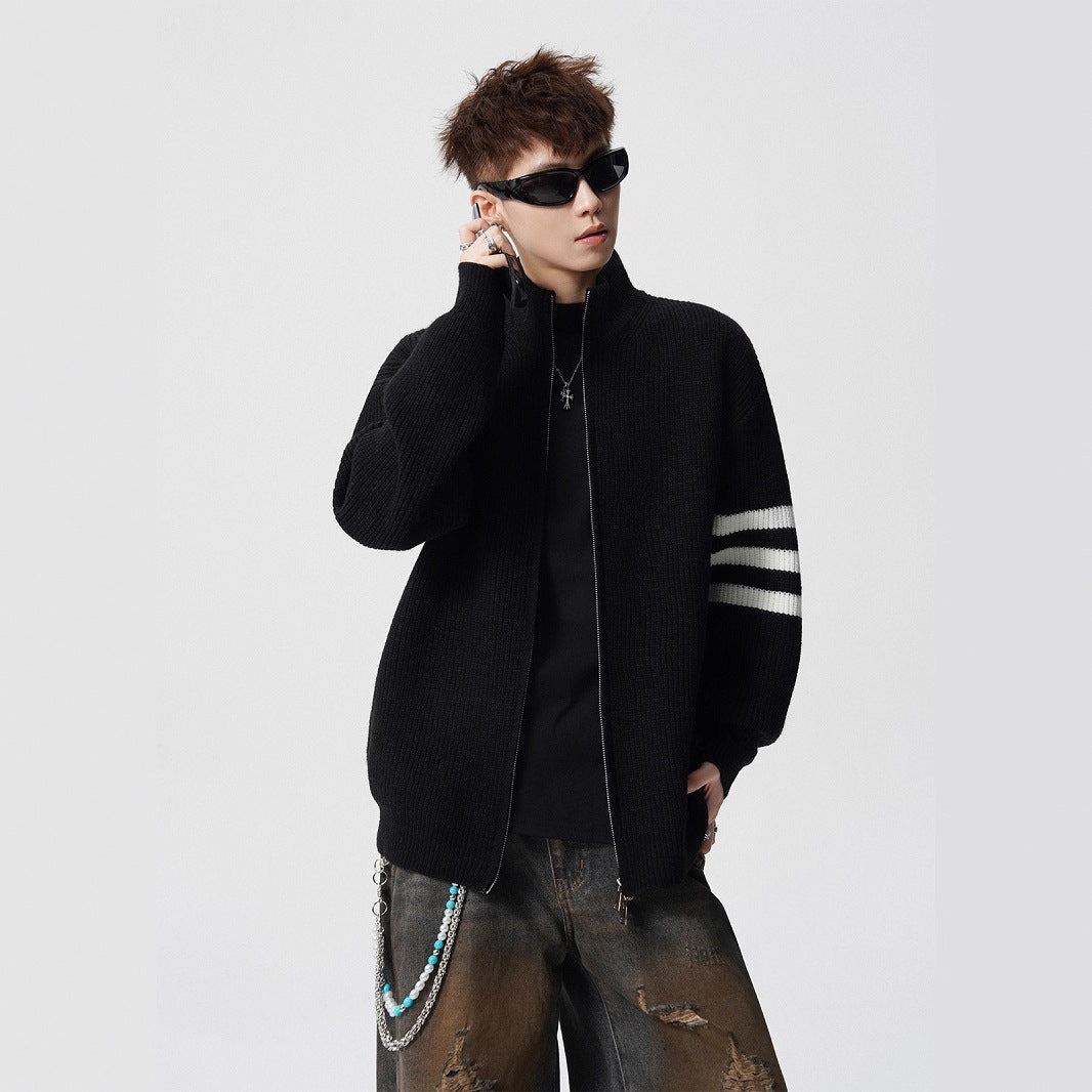 Striped Stand-up Collar Knit Sweater Men Winter Trendy Lazy Style Open Front Knit Cardigan Retro Versatile Couple Casual Outerwear