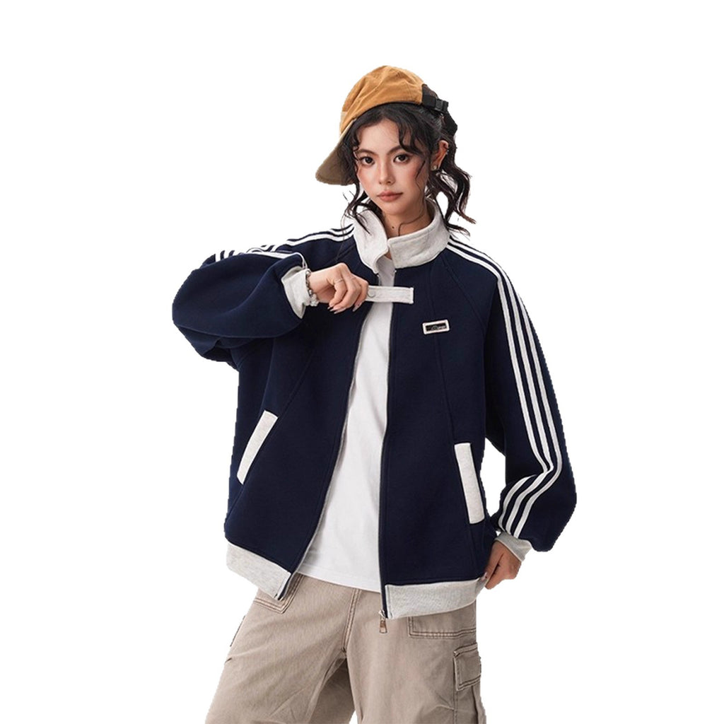 Stripe Spliced Sports Jacket for Women and Men Winter Trendy College Style Versatile Outerwear Couple Stand Collar Baseball Jacket