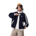 Stripe Spliced Sports Jacket for Women and Men Winter Trendy College Style Versatile Outerwear Couple Stand Collar Baseball Jacket