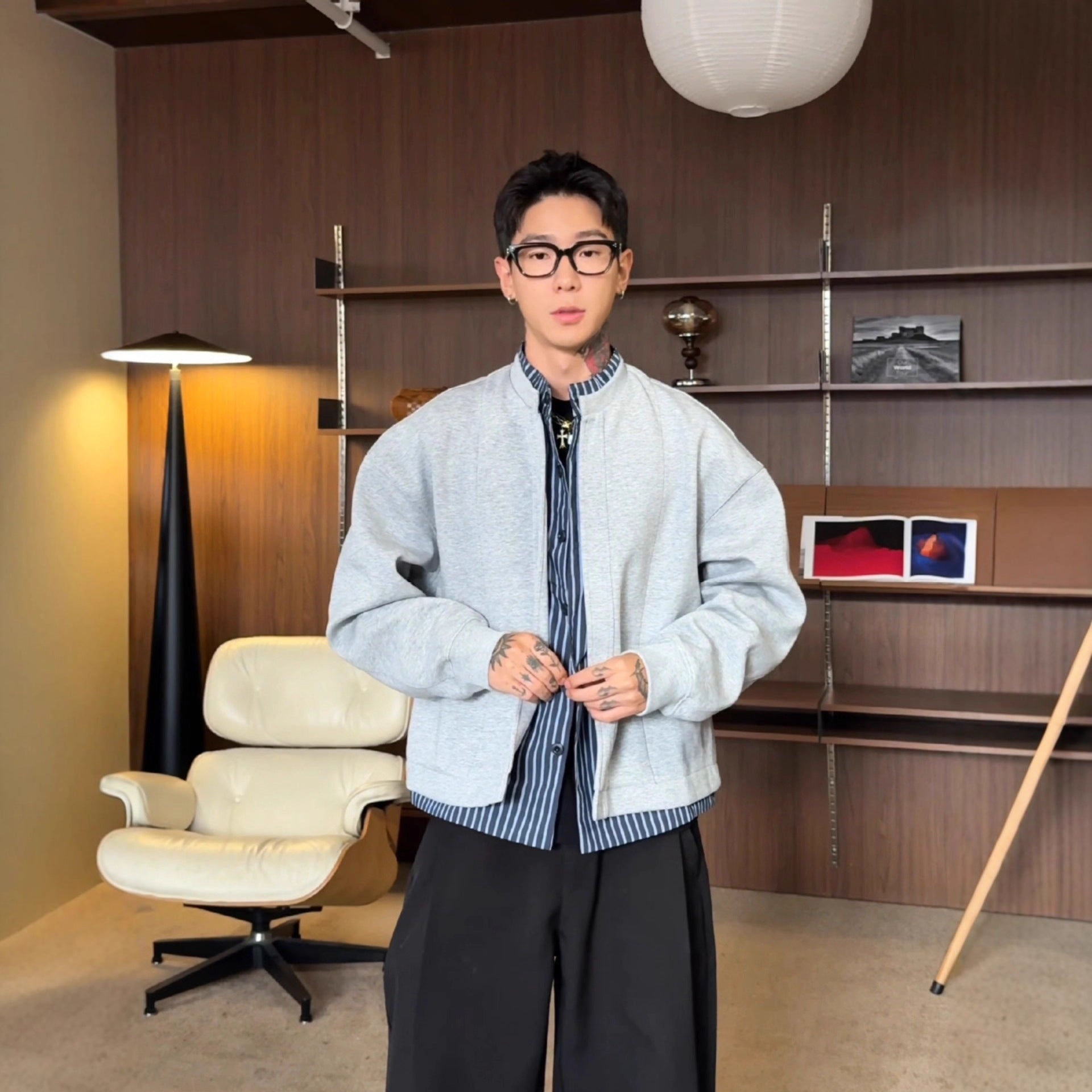 High-End Look Mock Two-Piece Stripe Shirt Hoodie Jacket for Men, Autumn Stylish Layered Open Front Top Flight Jacket