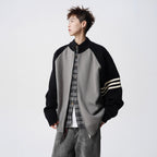 Stand Collar Two-Tone Jacket Men Autumn Trendy Stripe Casual Knitwear Vibe Street Style Versatile Sweater Coat