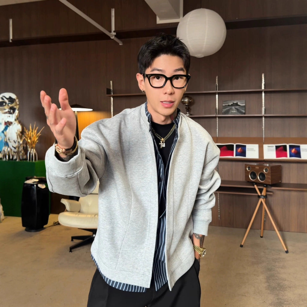 High-End Look Mock Two-Piece Stripe Shirt Hoodie Jacket for Men, Autumn Stylish Layered Open Front Top Flight Jacket