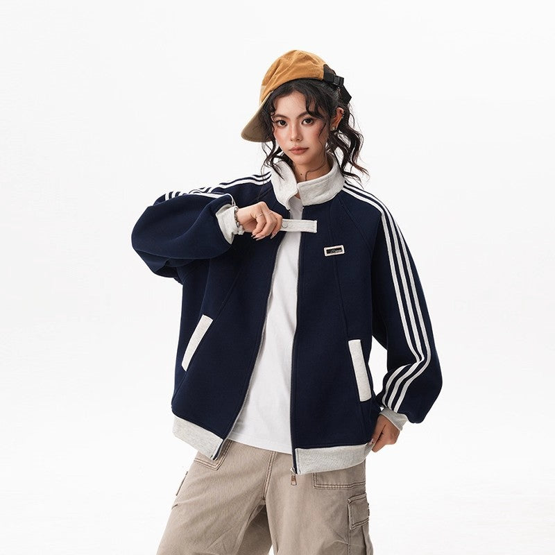 Stripe Spliced Sports Jacket for Women and Men Winter Trendy College Style Versatile Outerwear Couple Stand Collar Baseball Jacket