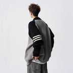 Stand Collar Two-Tone Jacket Men Autumn Trendy Stripe Casual Knitwear Vibe Street Style Versatile Sweater Coat