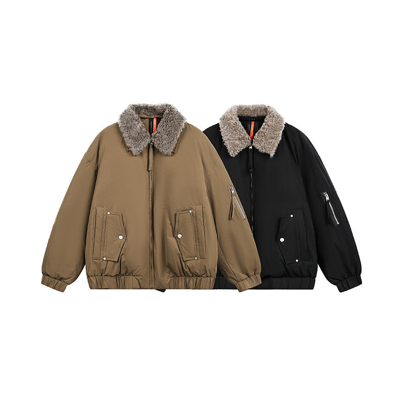 Detachable Fur Collar Warm Down Jacket Men Women Flight Coat