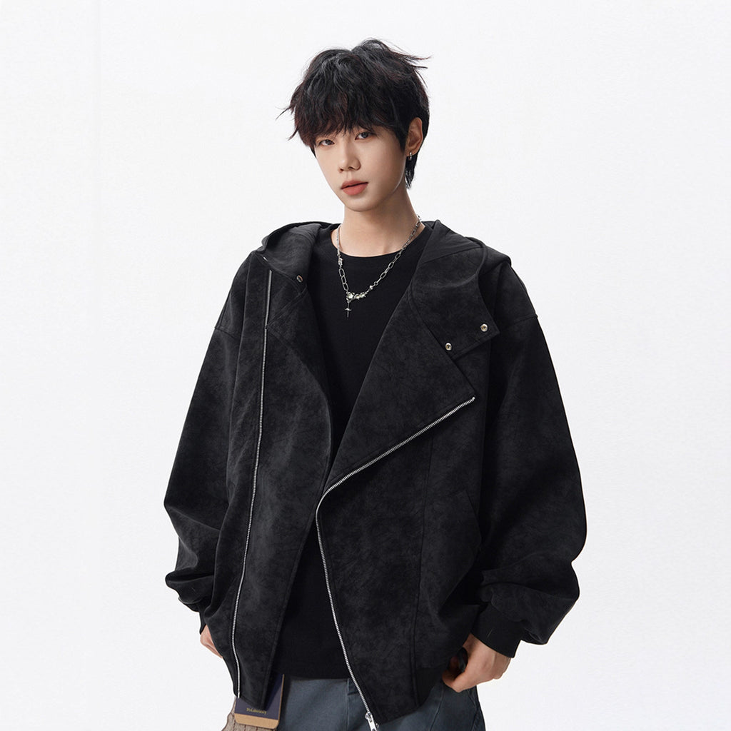 Heavyweight Tie-Dye Diagonal Zipper Hoodie Jacket for Men Winter Retro Deconstructed Design Streetwear Cool Couple Outerwear