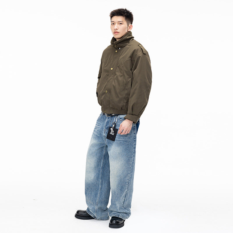 Style Vintage Lapel Jacket for Men, Casual Loose Thick Cotton Coat, Two-Piece Design, Streetwear Fashion