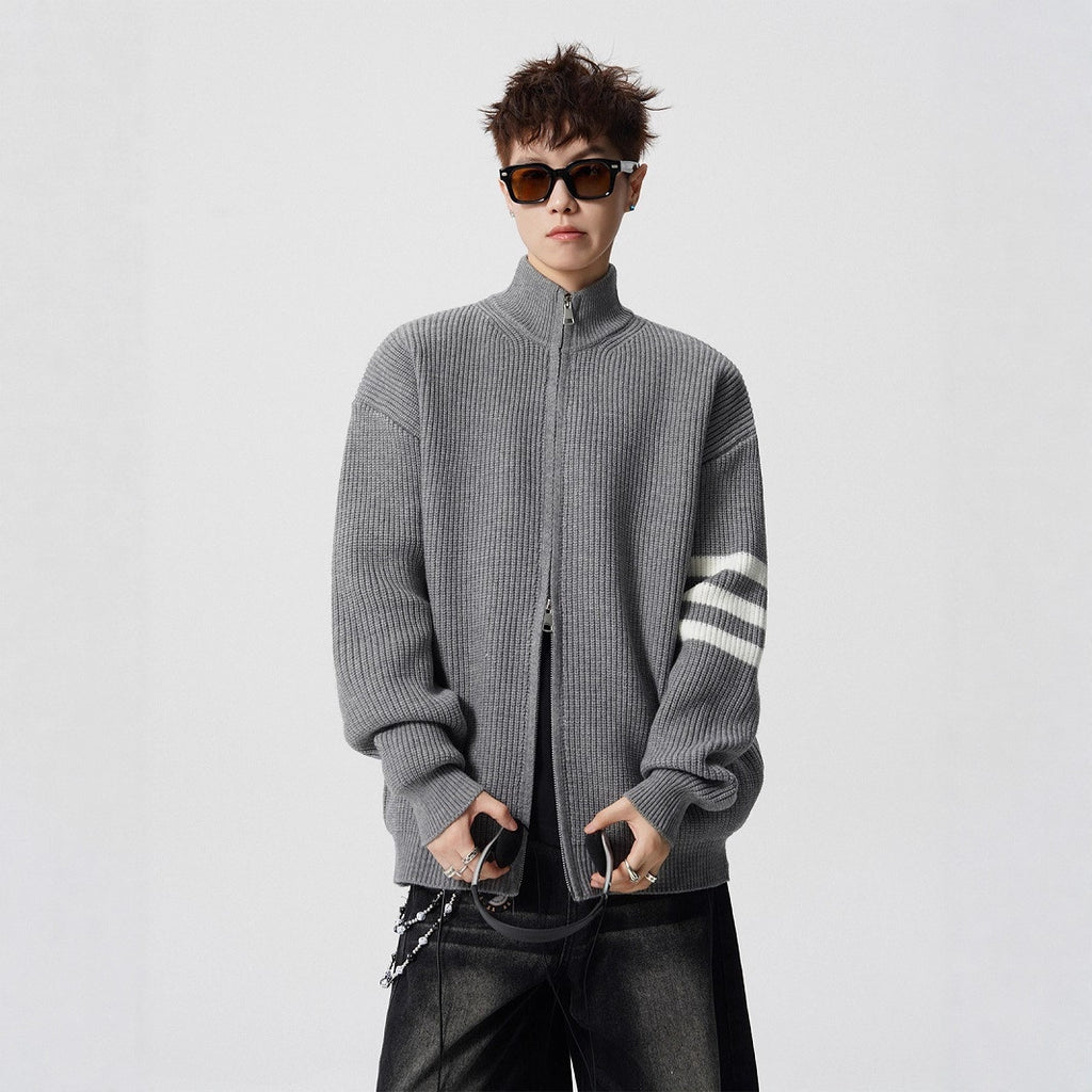 Striped Stand-up Collar Knit Sweater Men Winter Trendy Lazy Style Open Front Knit Cardigan Retro Versatile Couple Casual Outerwear