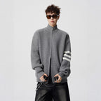Striped Stand-up Collar Knit Sweater Men Winter Trendy Lazy Style Open Front Knit Cardigan Retro Versatile Couple Casual Outerwear