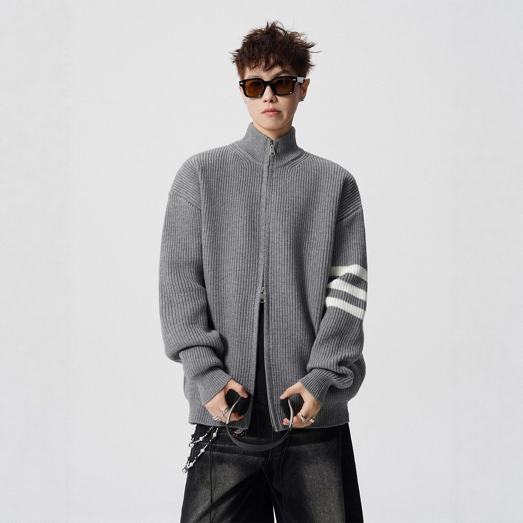 Striped Stand-up Collar Knit Sweater Men Winter Trendy Lazy Style Open Front Knit Cardigan Retro Versatile Couple Casual Outerwear