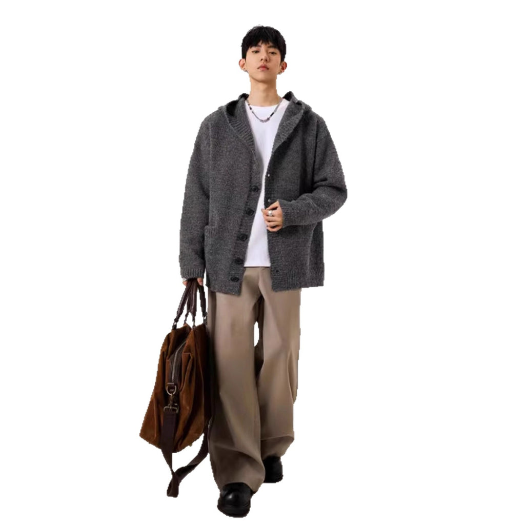 Heavyweight Dark Gray Knit Cardigan Sweater for Men and Women Autumn/Winter Fashion Clean Fit Versatile Lazy Thick Hooded Outerwear